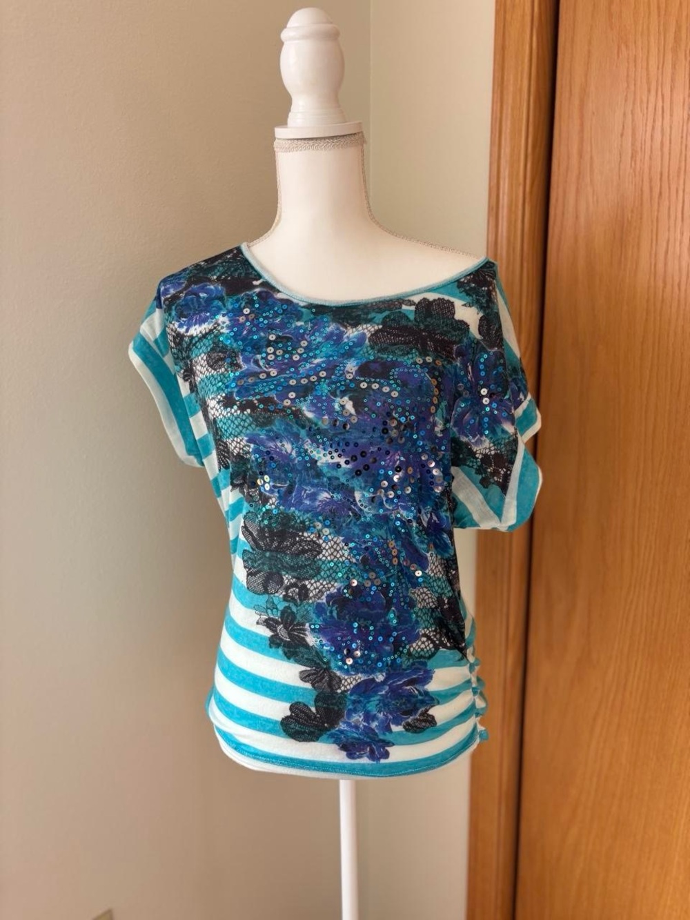 Y2K Daytrip Teal & White Striped Floral Sequin Off the Shoulder Short Sleeve Top